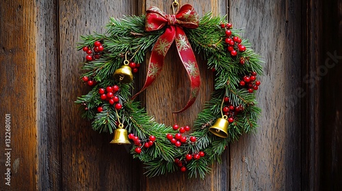 Christmas chaplet made of fresh green pine decorated with red berries golden bells and a festive ribbon hanging beautifully on a wooden door