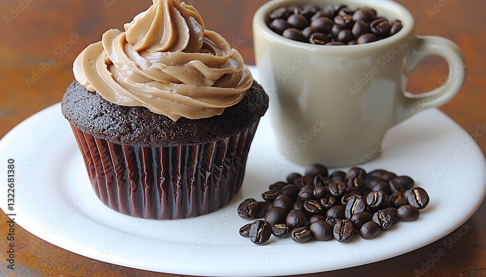 A chocolate cupcake with coffee beans on a white plate A chocolate cupcake with coffee beans on a white plate