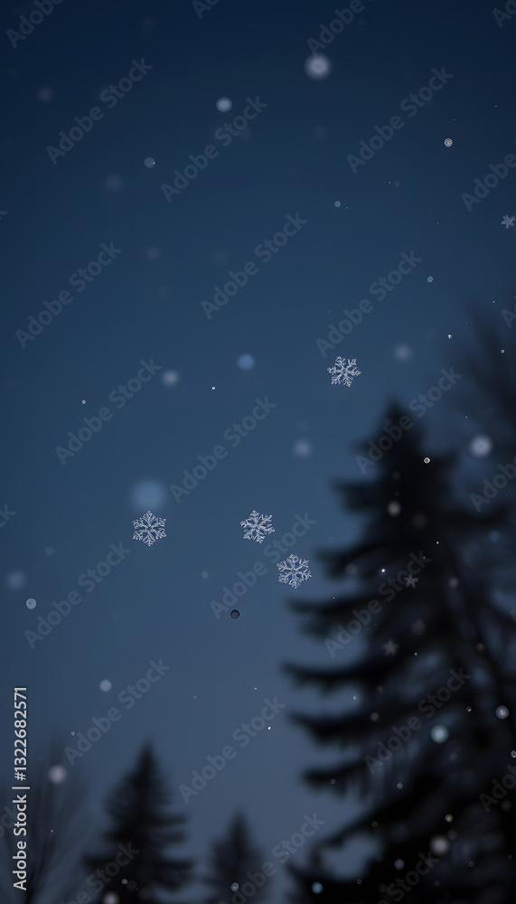 Snowflakes hanging against starry sky, angled photoshot. with white shades Snowflakes hanging against starry sky, angled photoshot. with white shades