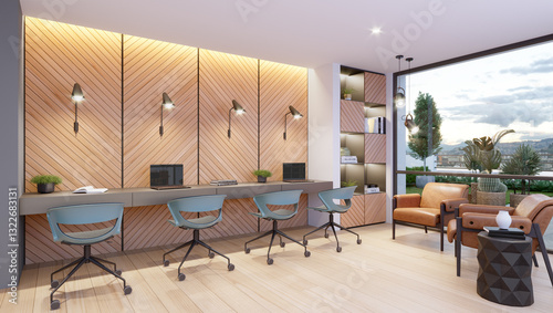 Sala de coworking con vista al jardin, 3d render