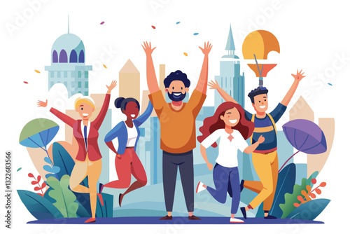 Happy business team rejoices, colleagues raised their hands up and rejoice in success and achievements