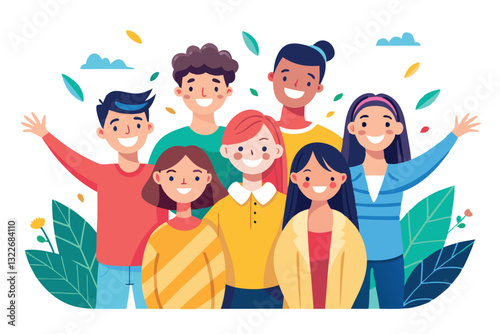 Happy people group portrait. Friends waving hands, embracing each other vector illustration