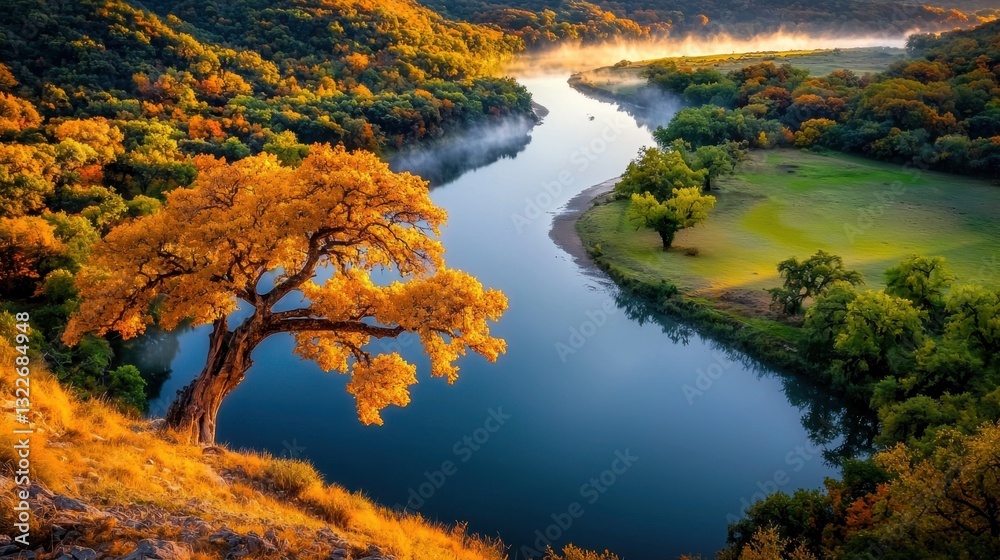 Naklejka premium The misty river meanders gracefully through the serene landscape, its surface reflecting the vibrant hues of the surrounding autumn trees