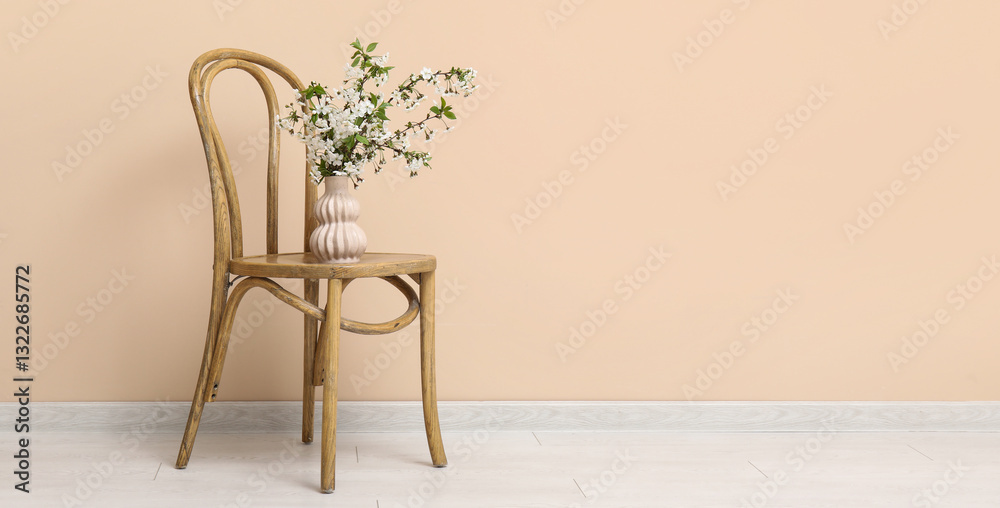 Fototapeta premium Blooming branches in vase on chair near beige wall