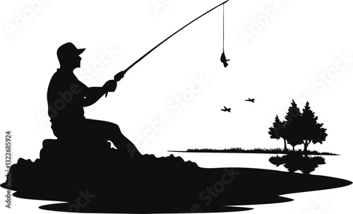 Silhouette of a fisherman with a fishing rod