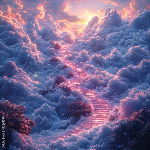 Serene Pathway Through Dreamy Clouds at Dusk with Soft Lighting