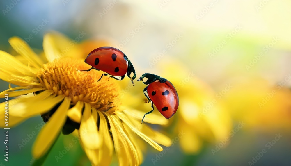 Two Ladybugs in Spring Blossom A Macro Artistic Exploration of Natures Minute Marvels, Featuring a Vibrant Yellow Flower, the Flight of Insects, and an Intimate Connection Two Ladybugs in Spring Blossom A Macro Artistic Exploration of Natures Minute Marvels, Featuring a Vibrant Yellow Flower, the Flight of Insects, and an Intimate Connection