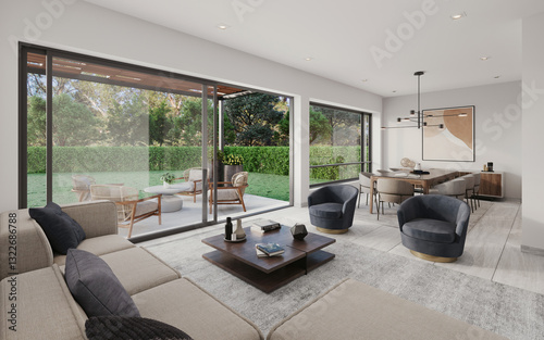 Sala moderna con vista al jardin, 3d render