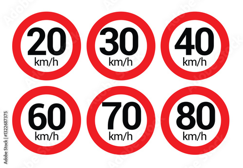 Speed limit road icon clipart set. Highway traffic speed limit clip art warning maximum km per hours for safety driving regulation signages  vector illustration. 
