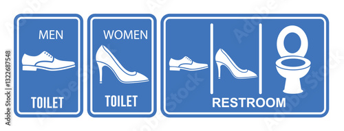 Toilet restroom sign icon clipart set. Men and women signages symbol clip art with shoes and heels drawing in blue signboard collection vector illustration. 
