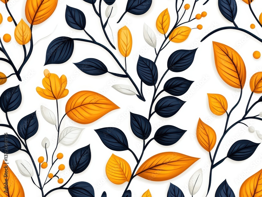 Vibrant autumn foliage pattern featuring colorful leaves and berries on a white background Vibrant autumn foliage pattern featuring colorful leaves and berries on a white background