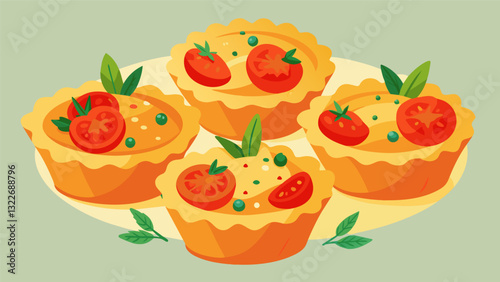 Flaky pastry cups filled with a savory mixture of tangy cheese roasted tomatoes and fresh herbs perfect for nibbling on throughout the party.. Vector illustration