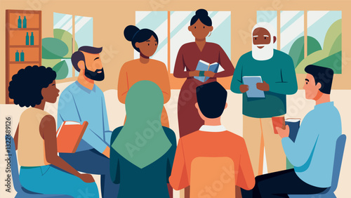 In a community center a group of recent immigrants come together to discuss their experiences and receive support from their peers at a community support group meeting.. Vector illustration
