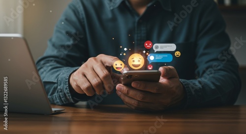Smartphones and social media to relax. Live icon smile, laugh, press like for entertainment.