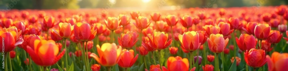 Expansive tulip field, soft sunlight, gentle breeze, peaceful, landscape, vibrant