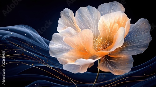 A stunning wallpaper featuring a large botanical flower in flowing alcohol ink style on a bioluminescence navy blue background, with accents of white and gold throughout the design.