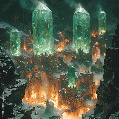 Enchanting Fantasy Cityscape with Glowing Crystal Towers at Night