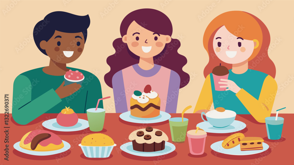 Friends indulging in sweet and savory treats all perfectly arranged on their individual snack plates.. Vector illustration Friends indulging in sweet and savory treats all perfectly arranged on their individual snack plates.. Vector illustration