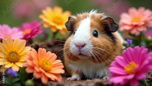 Fluffy guinea pig nestled amongst vibrant blooms , pet portrait, guinea pig, colorful