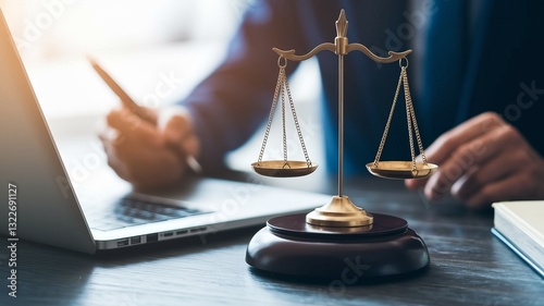 Scale of Justice in Office Setting with Laptop and Businessperson