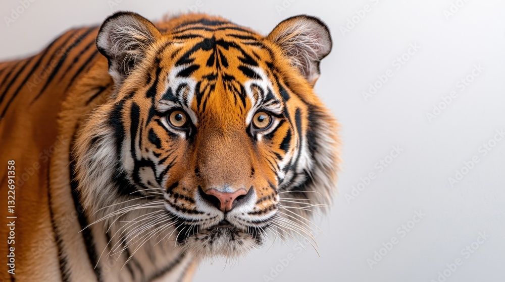 Fototapeta premium A majestic tiger with bright orange fur, bold black stripes, piercing eyes, and sharp claws, standing proudly against a white background.