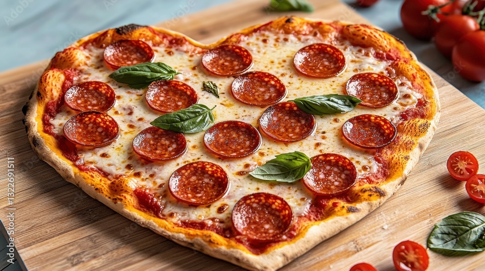 A heart shaped pizza is displayed on a wooden cutting board, topped with pepperoni slices arranged in the shape of a heart, with fresh basil leaves scattered around A heart shaped pizza is displayed on a wooden cutting board, topped with pepperoni slices arranged in the shape of a heart, with fresh basil leaves scattered around