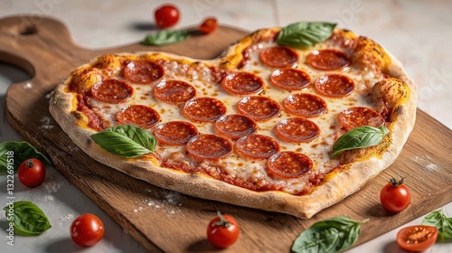 A heart shaped pizza is displayed on a wooden cutting board, topped with pepperoni slices arranged in the shape of a heart, with fresh basil leaves scattered around