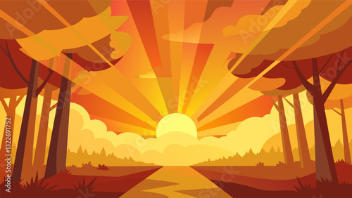 Rays of warm sunlight peeking through the trees casting a soothing glow on the tranquil scene.. Vector illustration