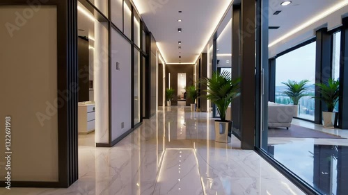 Wallpaper Mural Modern luxury interior with glass walls and city view in contemporary hallway Torontodigital.ca