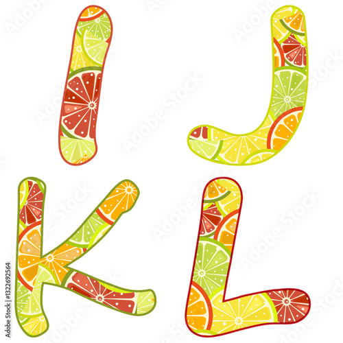 Vector letters of the English alphabet with colorful hand drawn citrus fruit illustration isolated on transparent background