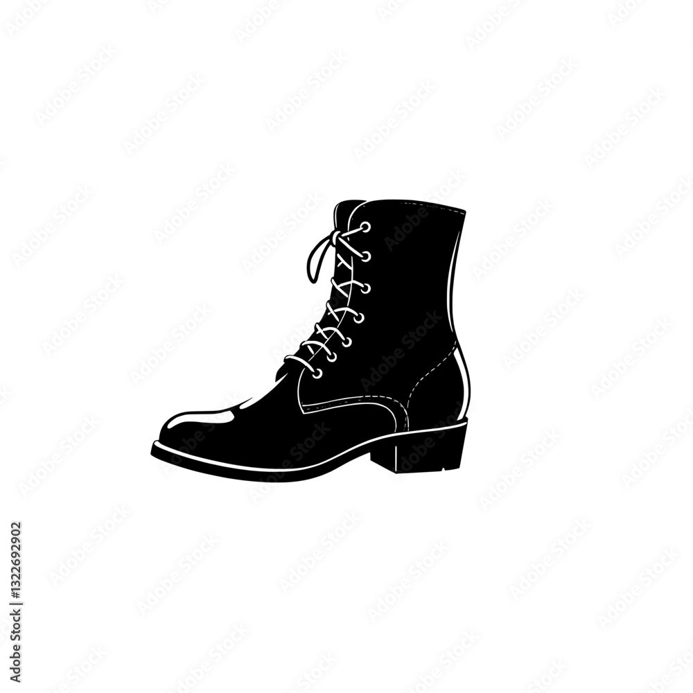 A single, black, lace-up boot is presented in profile view, boot has a low heel and a shiny appearance. A single, black, lace-up boot is presented in profile view, boot has a low heel and a shiny appearance.