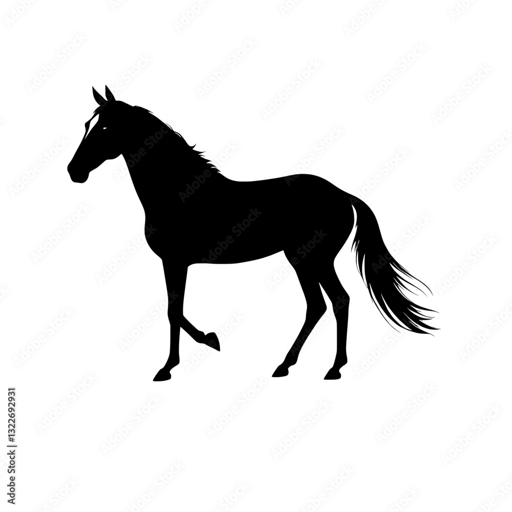 A black silhouette of a horse, rendered in profile , horse's posture relaxed gai A black silhouette of a horse, rendered in profile , horse's posture relaxed gai