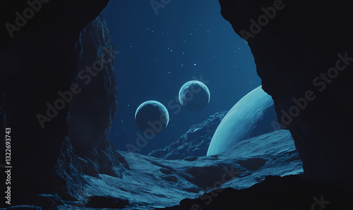 Celestial Vantage: A breathtaking view of celestial bodies, captured from within a cavernous enclave, offering a unique perspective on cosmic beauty and the wonders beyond.