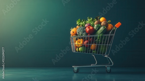 Modern shopping cart filled with fresh produce and groceries in a minimalistic setting during bright daylight