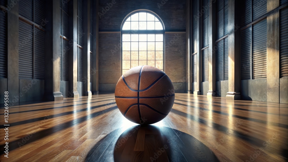 A lone basketball rests on a polished hardwood floor, bathed in sunlight streaming through a large arched window in a spacious, elegant hall with shuttered walls.