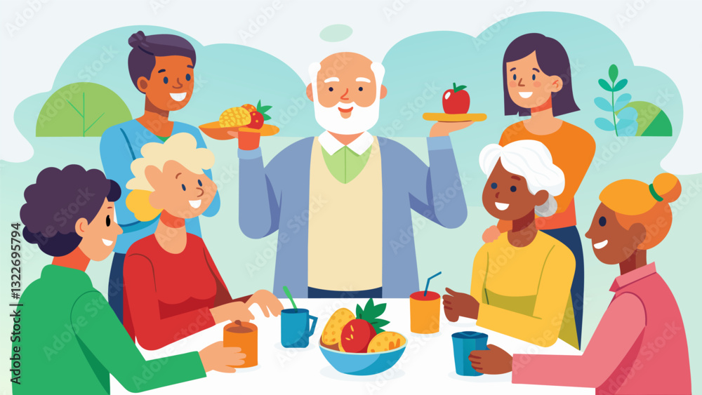 A lively discussion takes place as the teacher introduces the concept of eating the rainbow and encourages seniors to incorporate a variety of colorful foods into their meals for. Vector illustration A lively discussion takes place as the teacher introduces the concept of eating the rainbow and encourages seniors to incorporate a variety of colorful foods into their meals for. Vector illustration