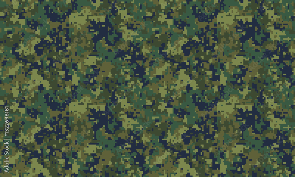 Intricate digital camouflage pattern in shades of green and dark blue. Ideal for backgrounds, textiles, militarythemed projects, or adding a tactical feel to designs.