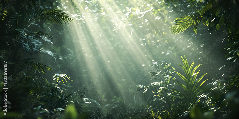 Obraz premium Sun rays filter through lush rainforest foliage, creating serene atmosphere