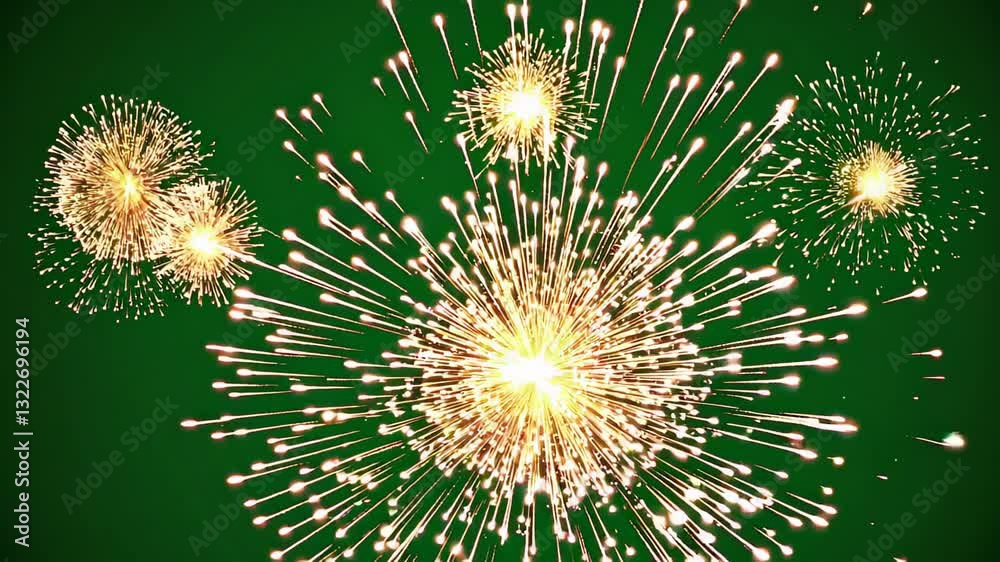 Vibrant fireworks explosion on green screen for celebrations and special effects