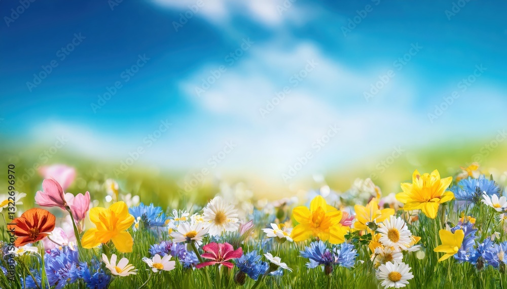 Vibrant Spring Blossoms Amidst a Meadow, Beneath a Radiant Azure Sky, Offering a Serene Oasis of Color and Texture in the Heart of Natures Awakening Vibrant Spring Blossoms Amidst a Meadow, Beneath a Radiant Azure Sky, Offering a Serene Oasis of Color and Texture in the Heart of Natures Awakening