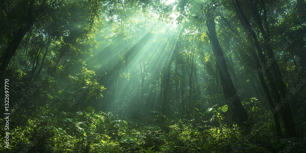 Obraz premium Sunlight filters through dense tropical jungle foliage