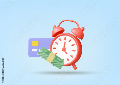 3D illustration vector render of alarm clock, banknotes and credit card icons. Finance concept of debt repayment and loan management, repayment period and debt management on schedule.