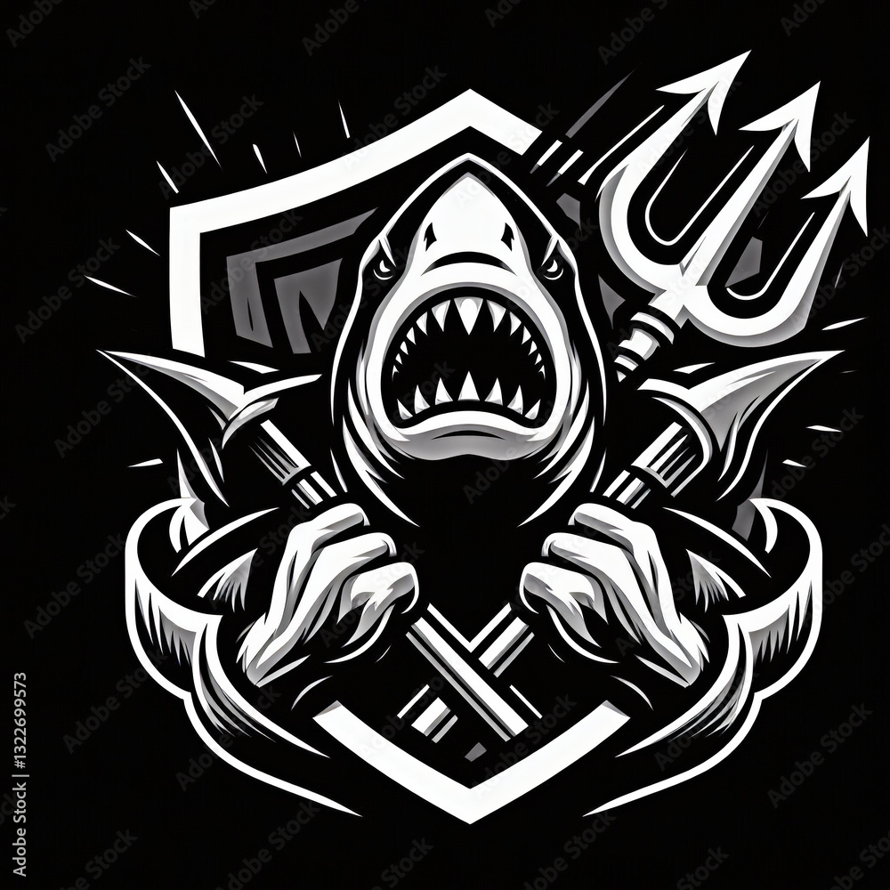 Obraz premium Sharp and Bold Shark Holding Trident – Striking Vector Art