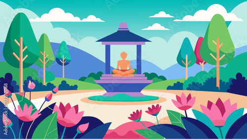 A peaceful outdoor meditation garden at the wellness retreat surrounded by colorful flowers and plants.. Vector illustration
