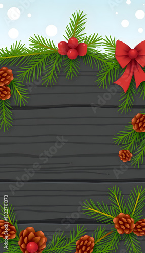 Christmas Fir tree branches and pine cones on a black wooden board. with white shades