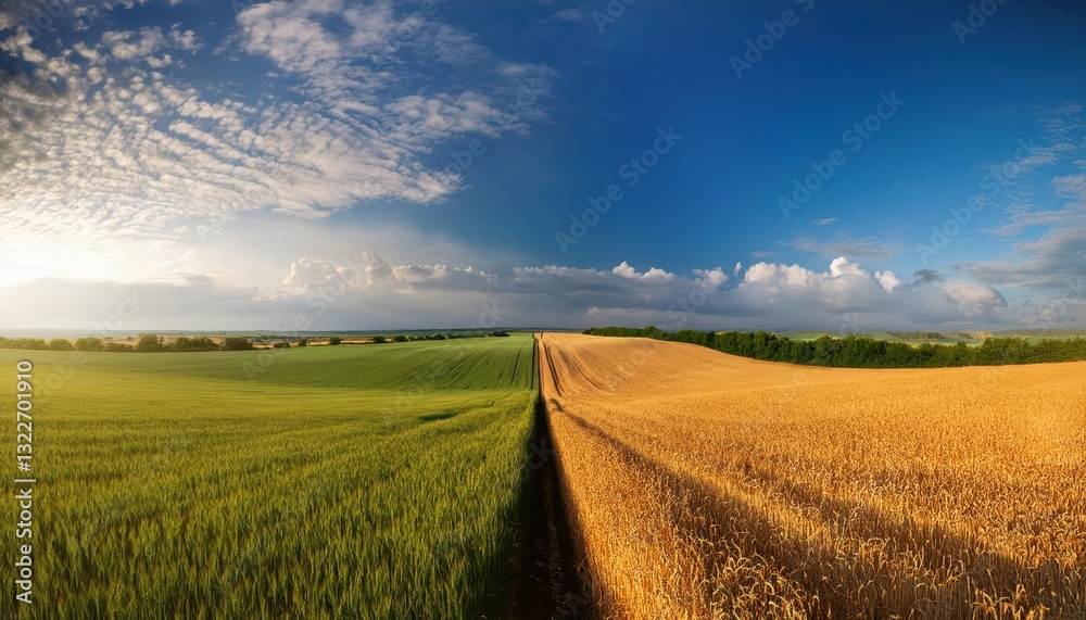 Agriscaped Sunset Wheat Fields Under a Radiant Sky, Divided into Sections of Golden Hues and Harvested Textures, Evoking Serene Tranquility Agriscaped Sunset Wheat Fields Under a Radiant Sky, Divided into Sections of Golden Hues and Harvested Textures, Evoking Serene Tranquility