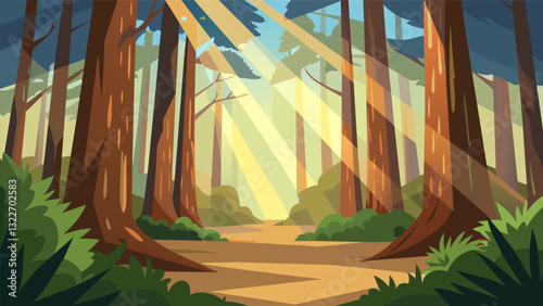 Sunlight filters through the canopy of an ancient redwood forest providing a tranquil setting for an ecotherapy session focused on grounding and mindfulness.. Vector illustration