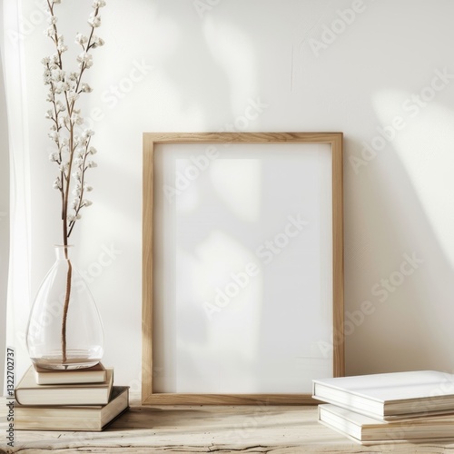 A simple. minimalist mockup with a wooden frame. vase. and books on a wooden surface