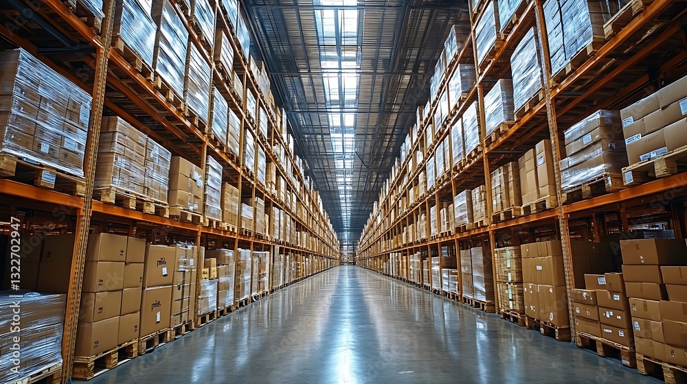 Fototapeta premium Storage Warehouse Interior Featuring Rows of Boxes and Pallets