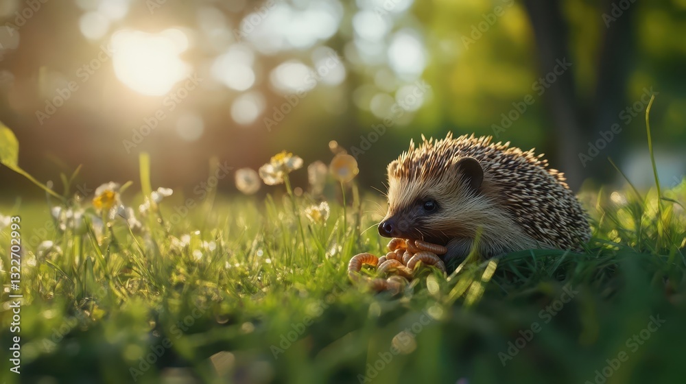 A small hedgehog enjoys a sunlit meadow full of grass and flowers